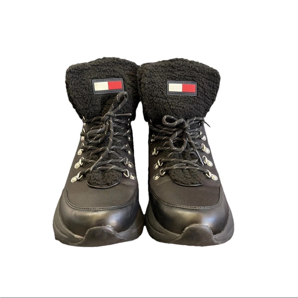Tommy Hilfiger TWevelina womens Black Ankle Boots leather/nylon/sherpa lined 9M - Picture 2 of 8